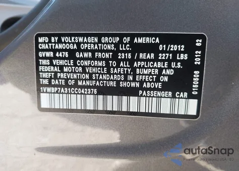 2012 Volkswagen Passat 2.5L Se from USA, damaged, VIN 1VWBP7A31CC042375